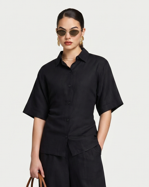 Women's Resort Linen Dual-Wear Shirt in Black – HERA Clothing
