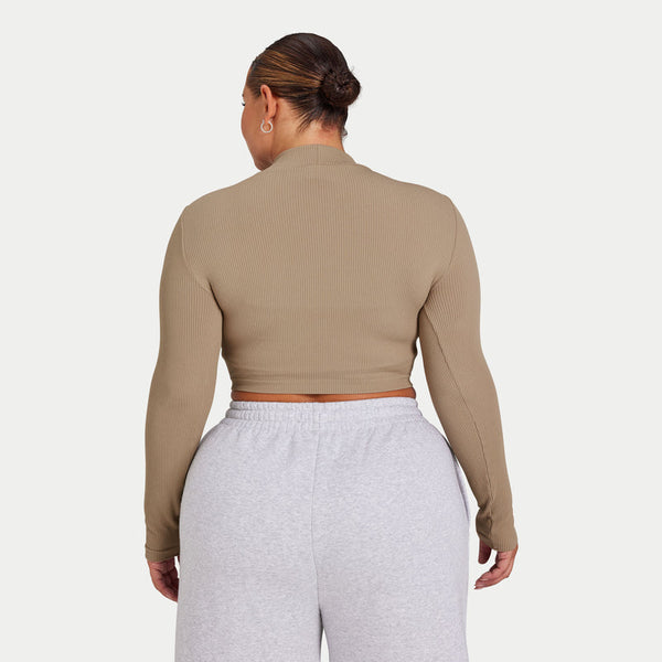 REWEAR Womens Ribbed Base Long Sleeve Crop - Grey Green