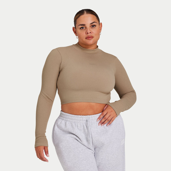 REWEAR Womens Ribbed Base Long Sleeve Crop - Grey Green
