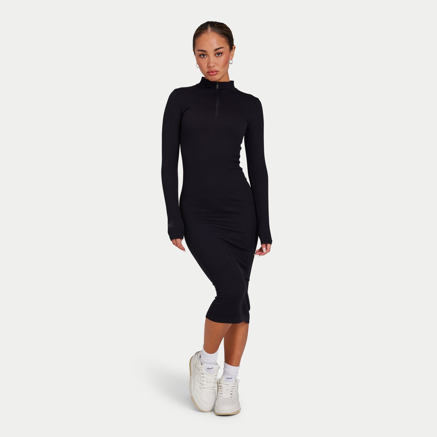 Womens Ribbed Base Long Sleeve Midi Dress - Black
