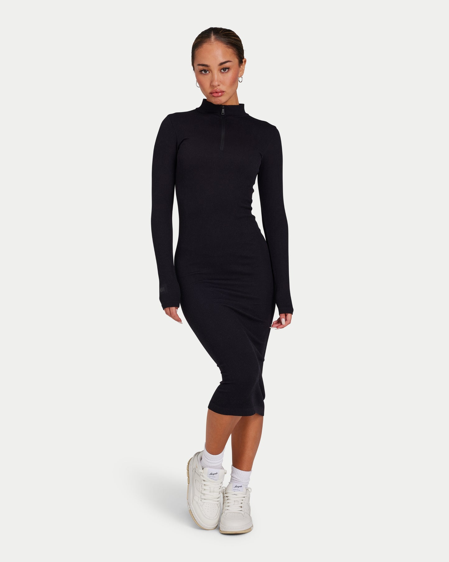 Womens Ribbed Base Long Sleeve Midi Dress