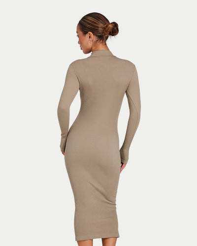 Womens Ribbed Base Long Sleeve Midi Dress