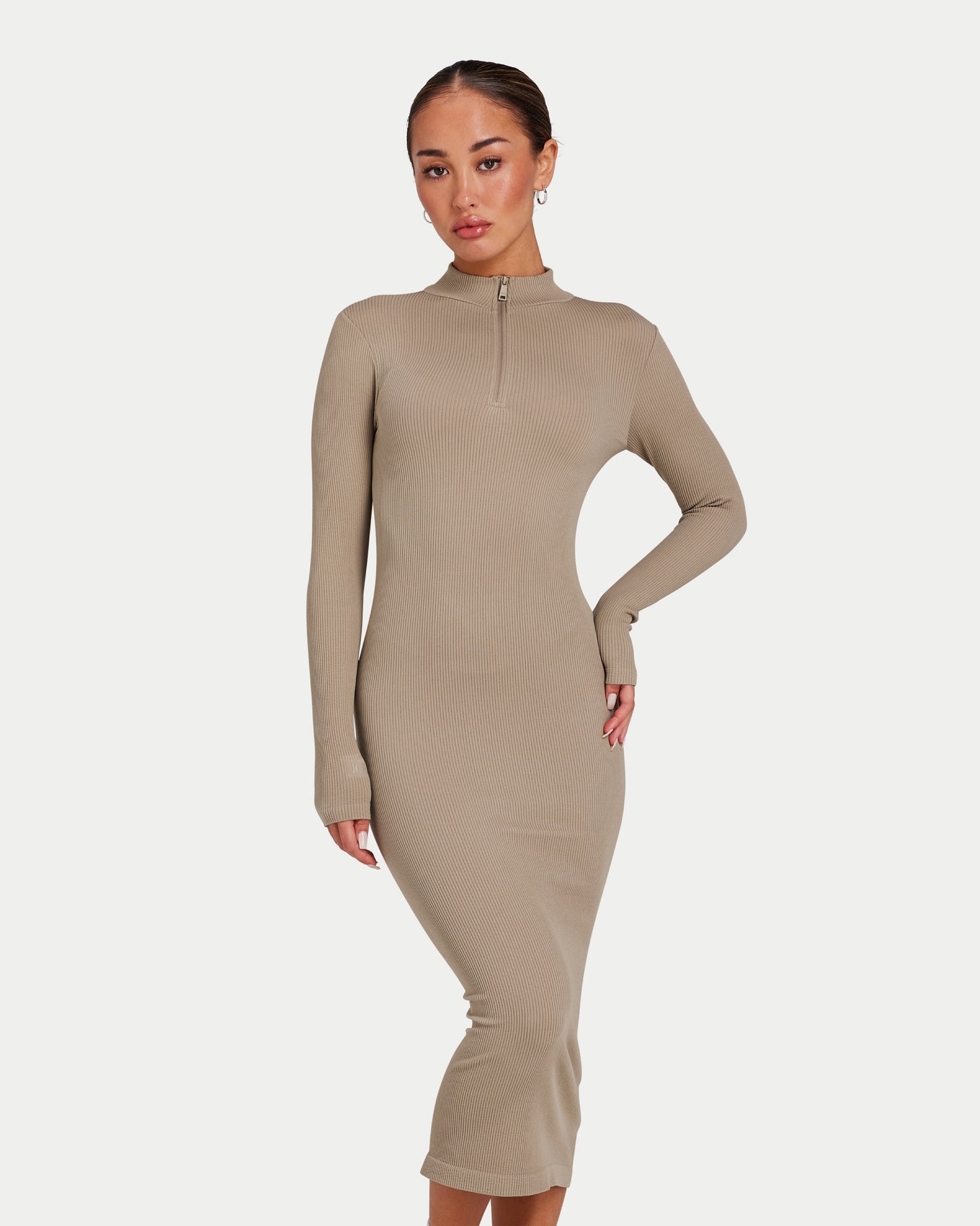 Womens Ribbed Base Long Sleeve Midi Dress