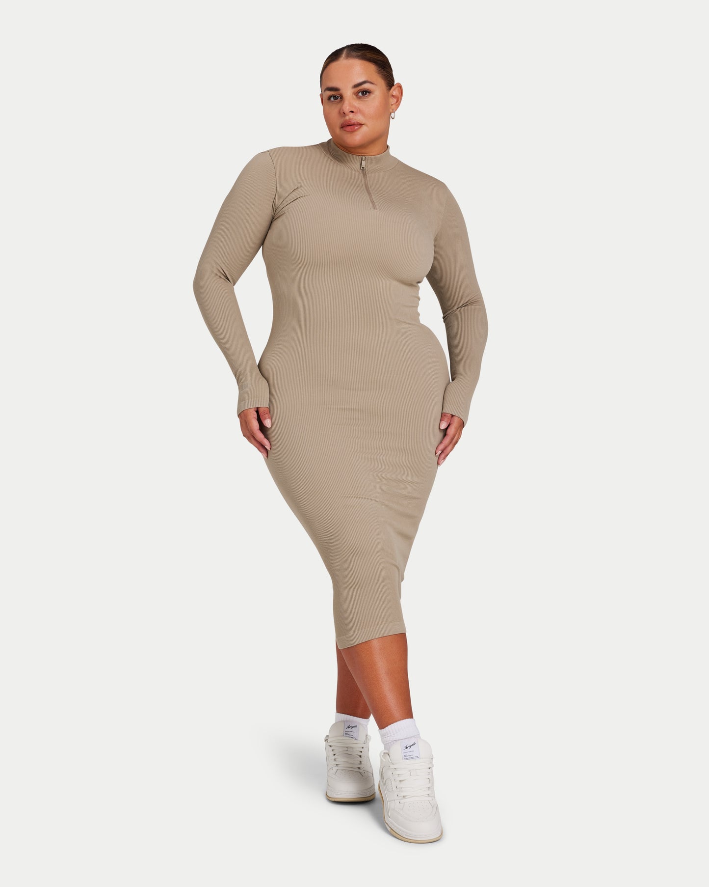 Womens Ribbed Base Long Sleeve Midi Dress