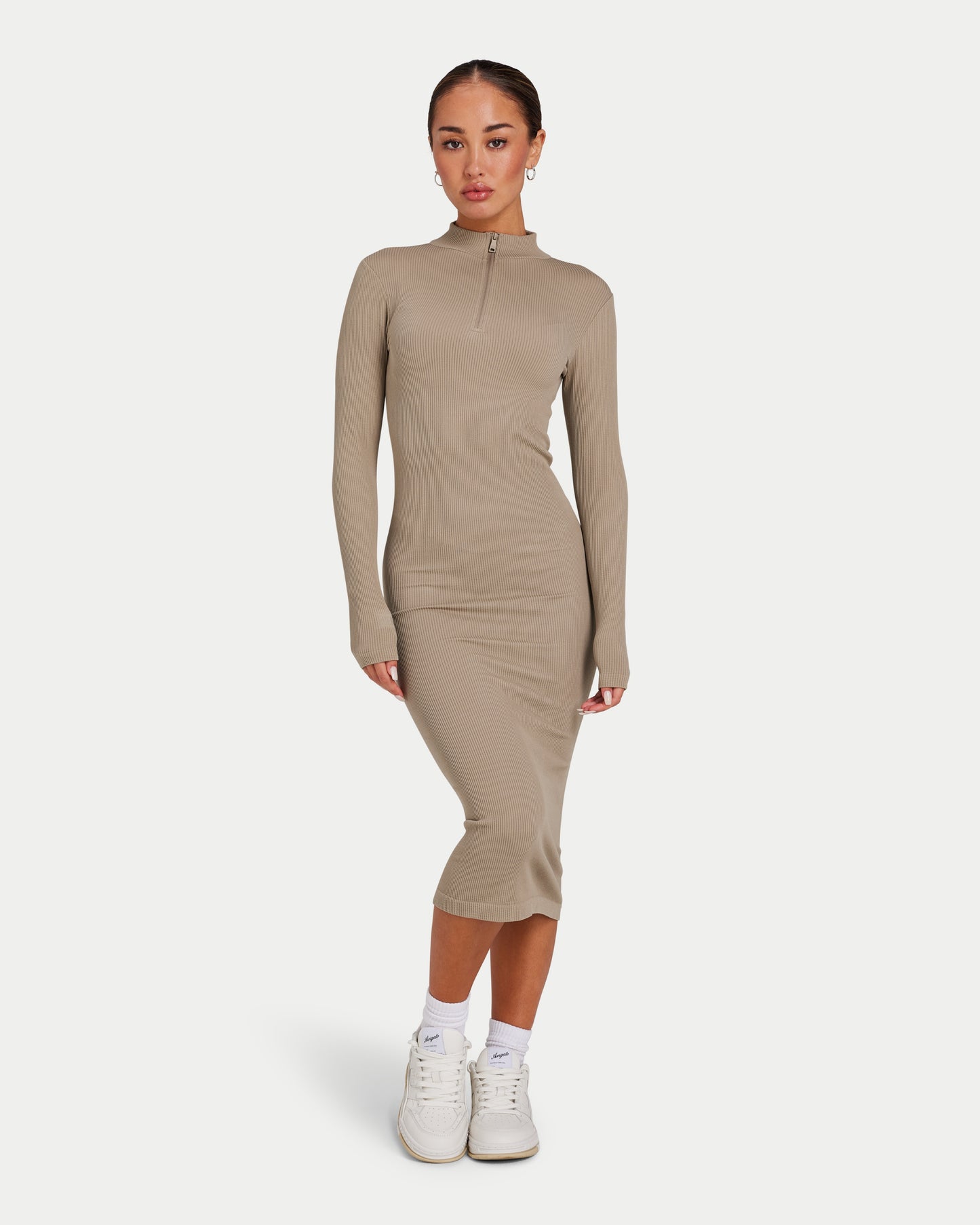 Womens Ribbed Base Long Sleeve Midi Dress