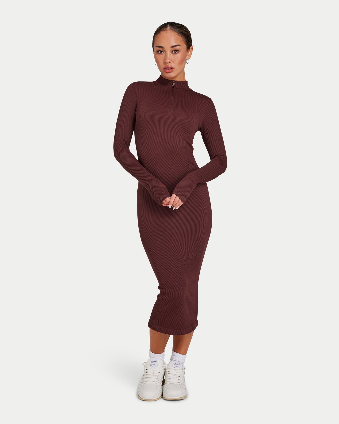Womens Ribbed Base Long Sleeve Midi Dress