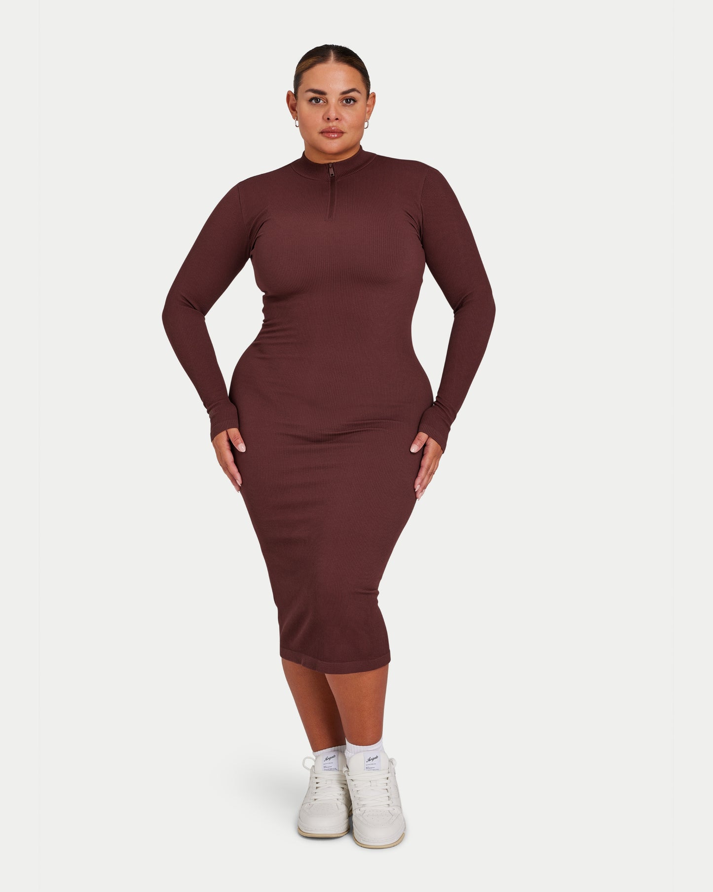 Womens Ribbed Base Long Sleeve Midi Dress