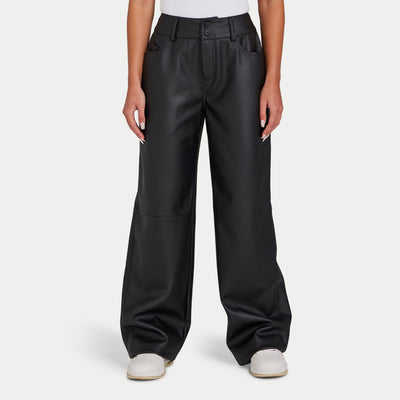 REWEAR Womens Faux Leather Wide Leg Trouser - Black
