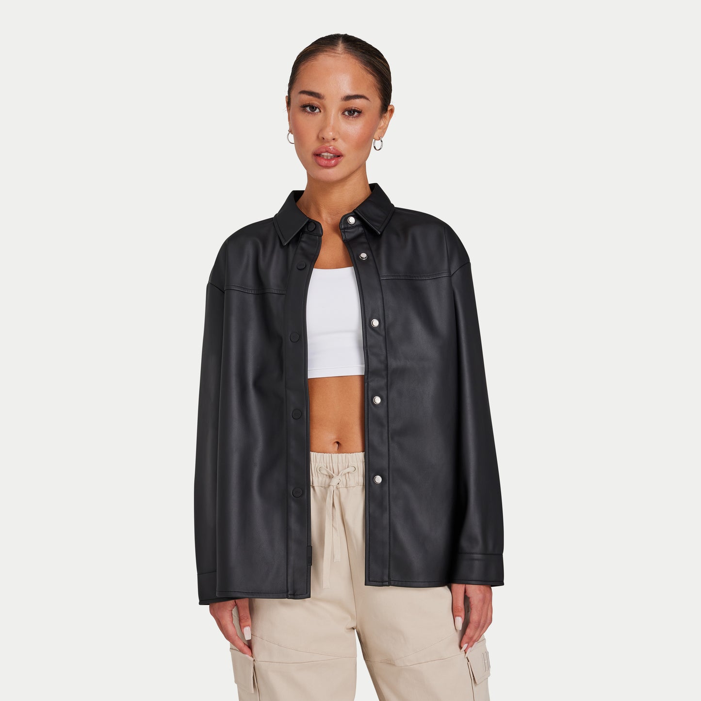 Womens Faux Leather Overshirt - Black