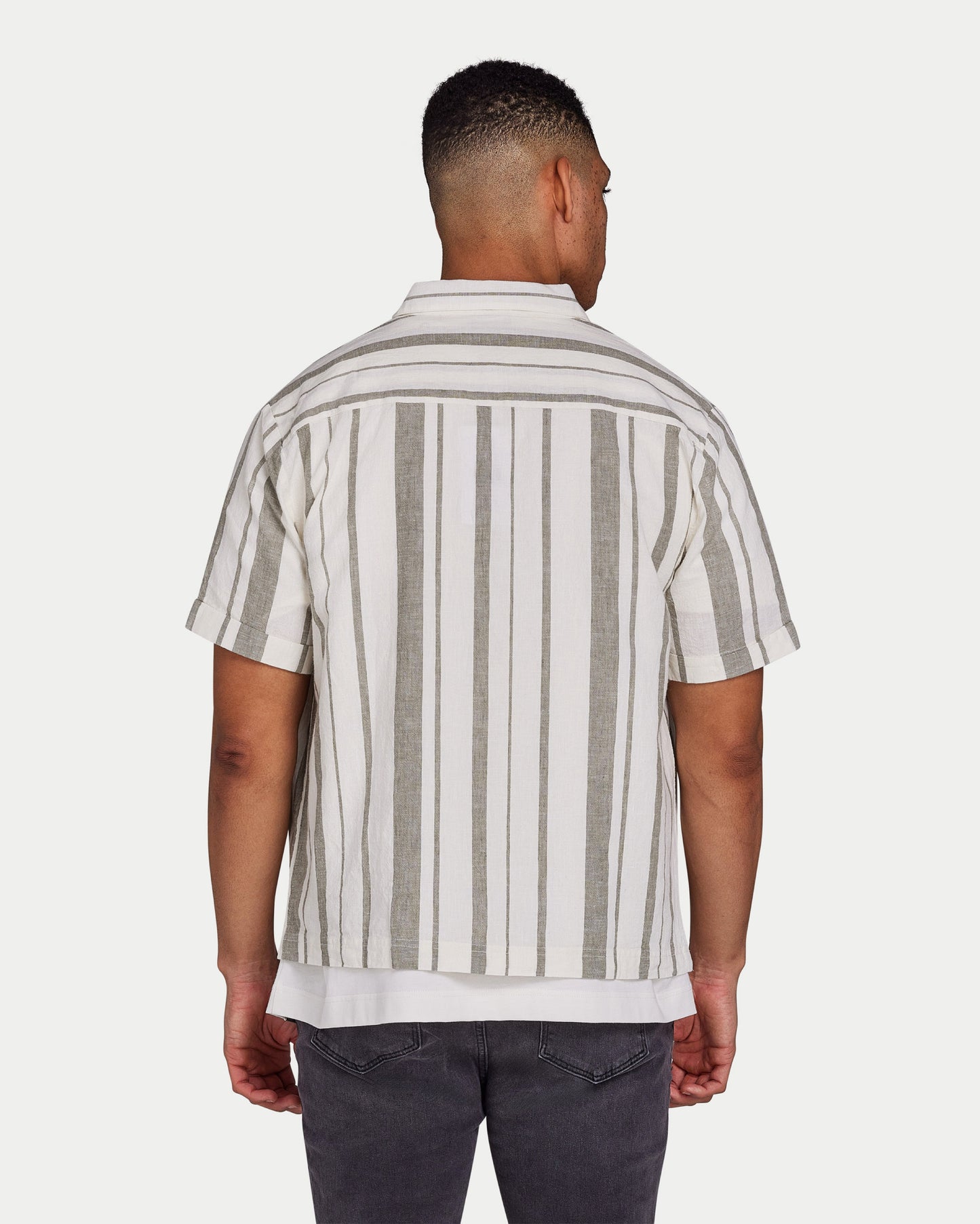 قميص رجالي كتان ميكس - أوف وايت ورمادي أخضر مخطط