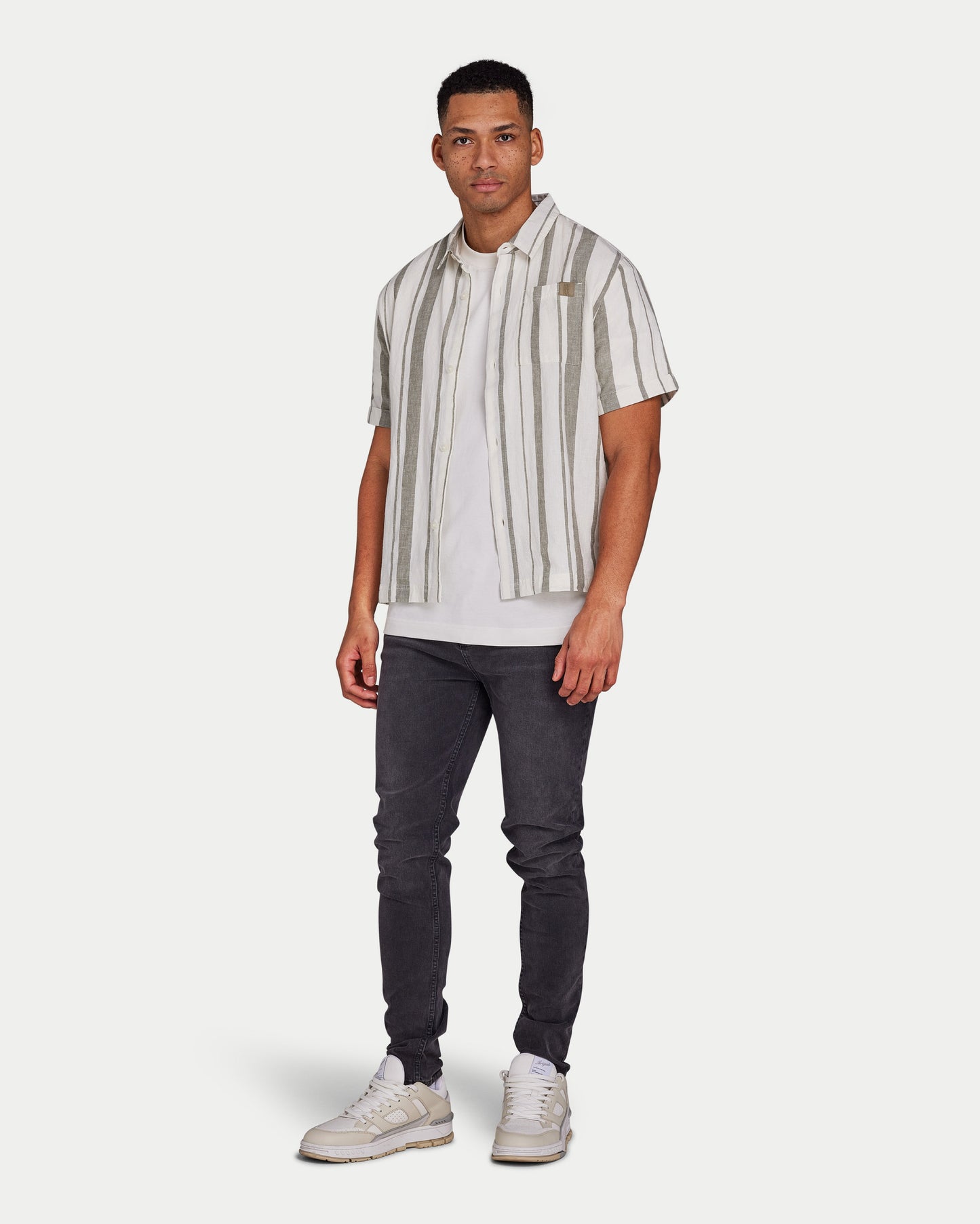 قميص رجالي كتان ميكس - أوف وايت ورمادي أخضر مخطط