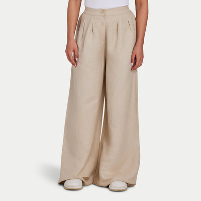 REWEAR Womens Linen Mix Wide Leg Trouser - Oatmeal