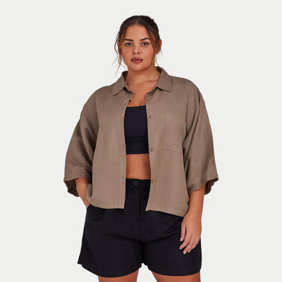 REWEAR Womens Linen Mix Shirt - Marsh Grey