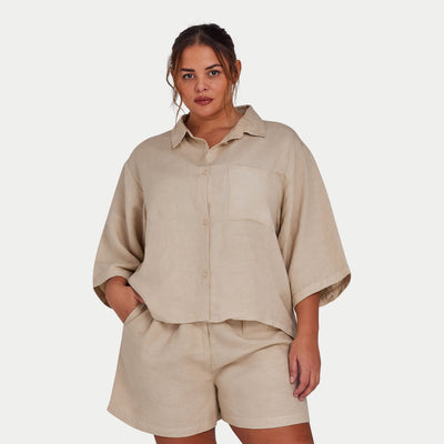 REWEAR Womens Linen Mix Shirt - Oatmeal