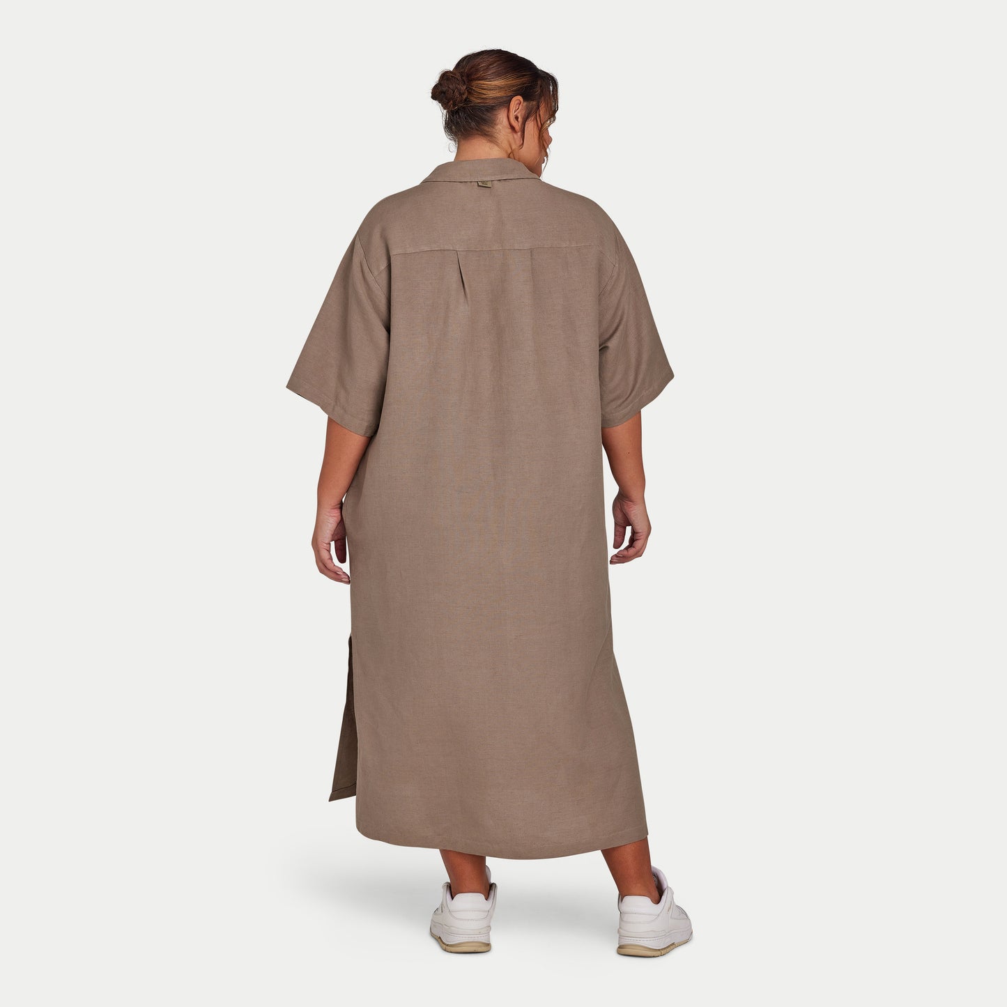 فستان قميص كتان نسائي - رمادي مارش