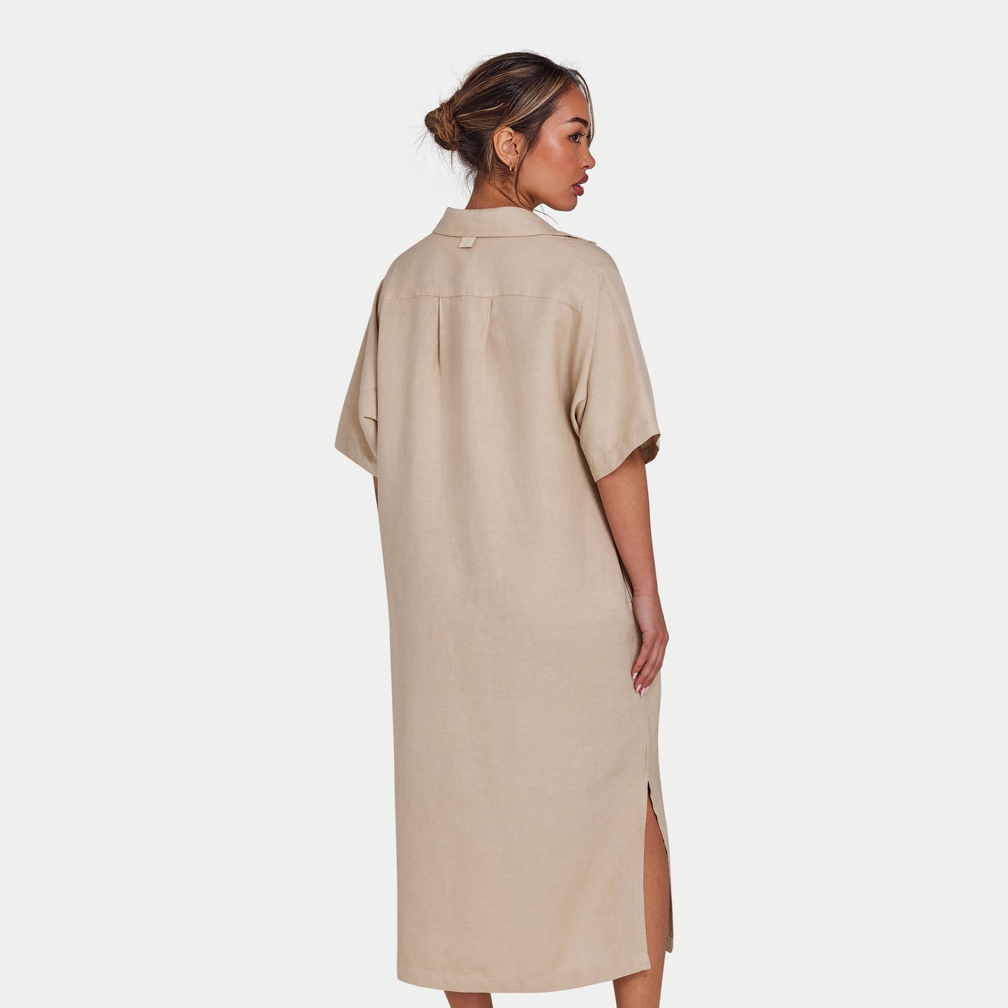 Womens Linen Mix Shirt Dress - Oatmeal
