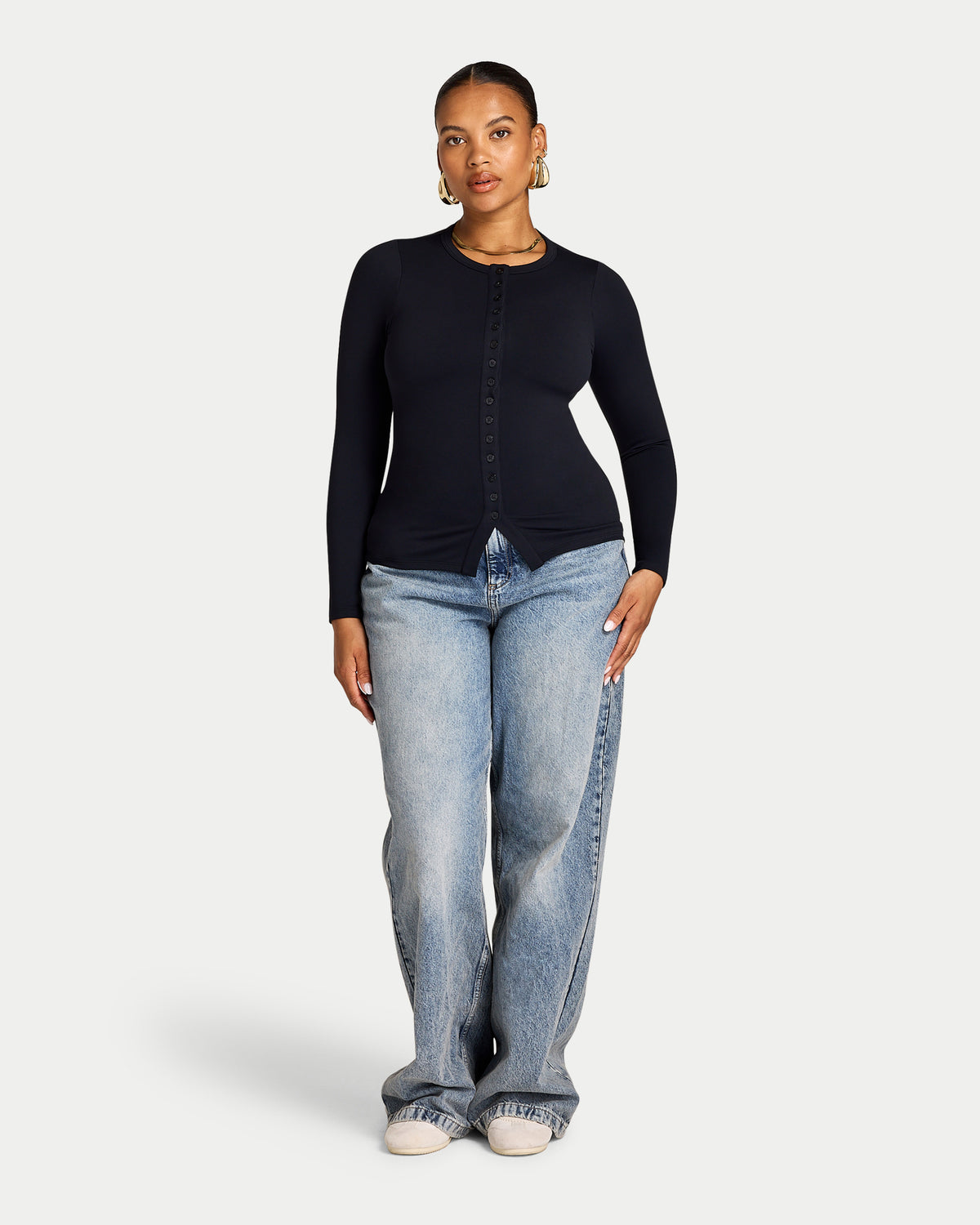 Womens Essential Long Sleeve Button Top