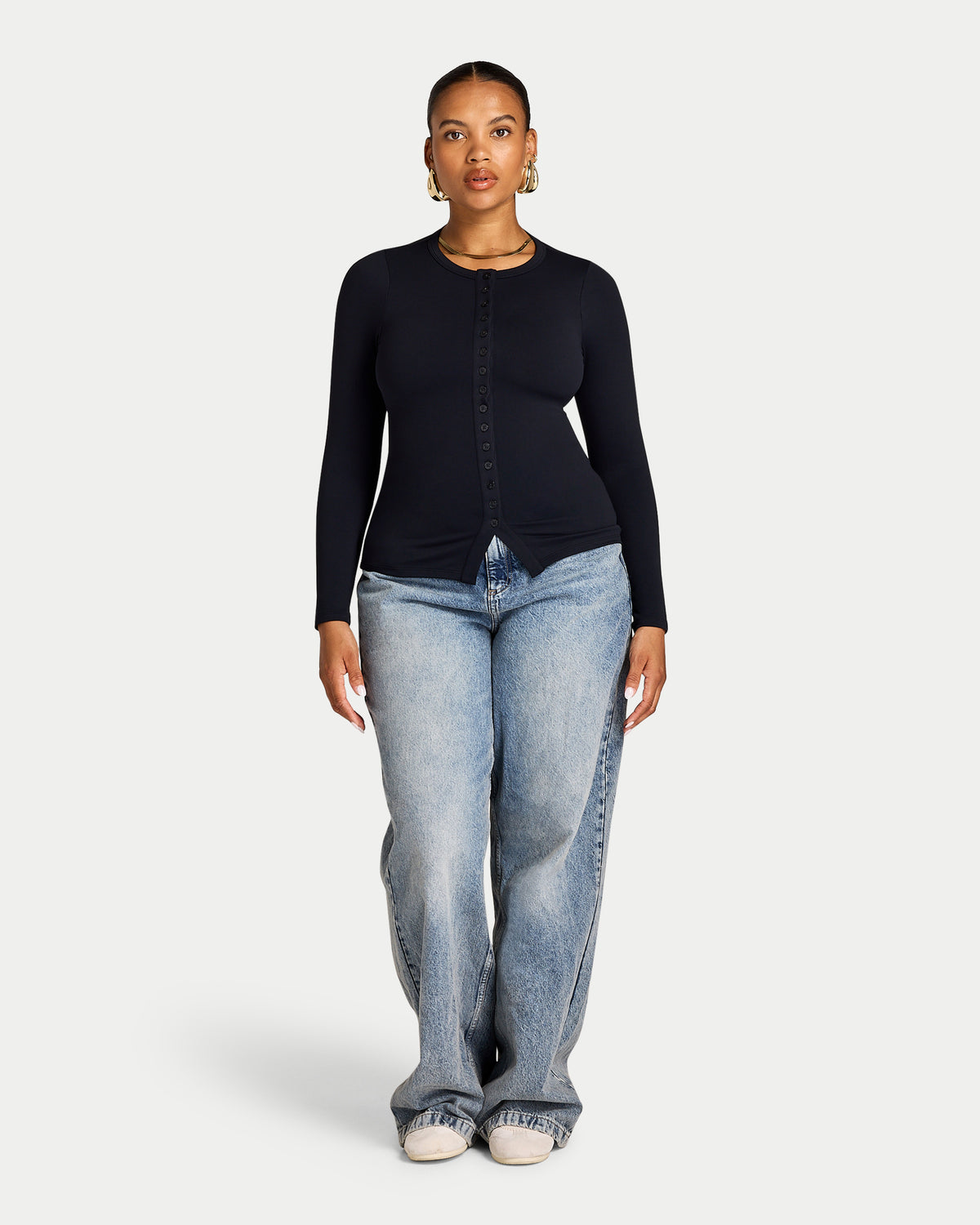 Womens Essential Long Sleeve Button Top