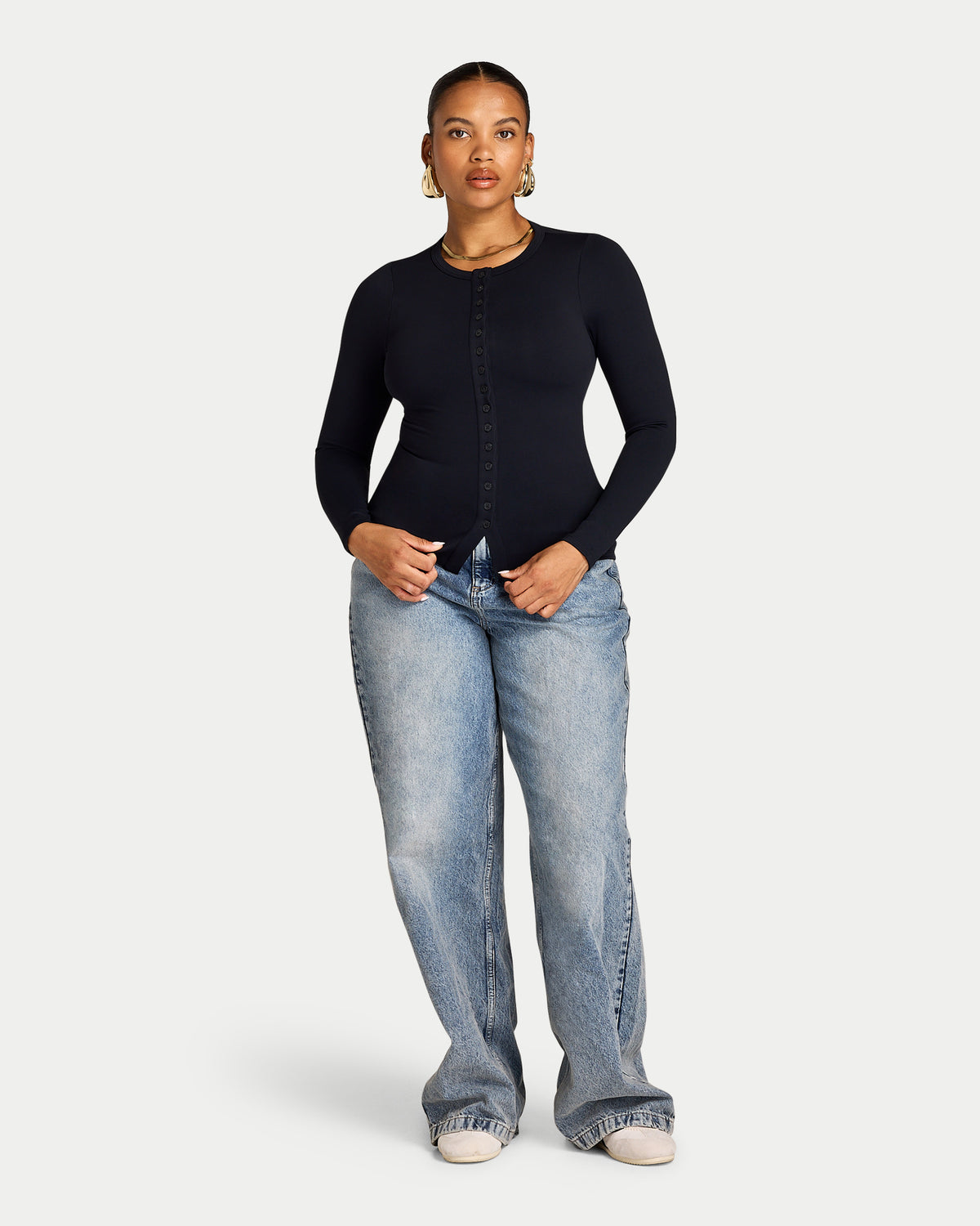 Womens Essential Long Sleeve Button Top