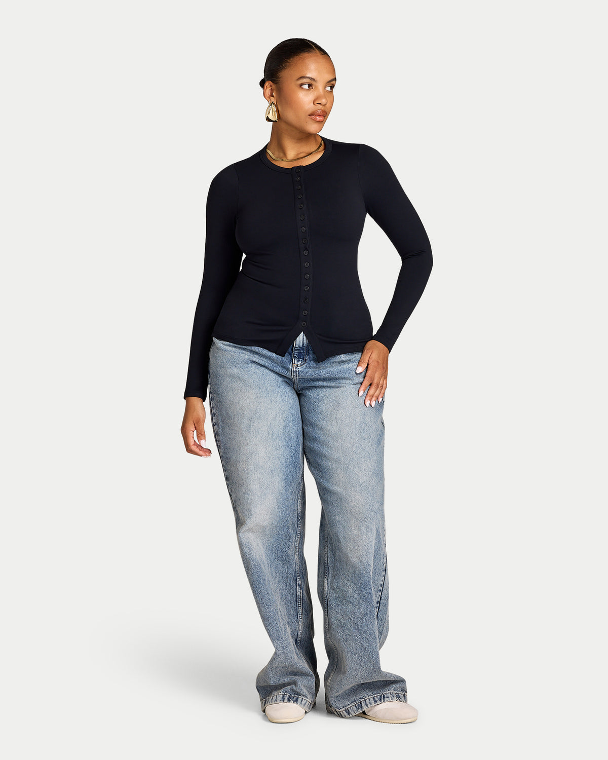 Womens Essential Long Sleeve Button Top