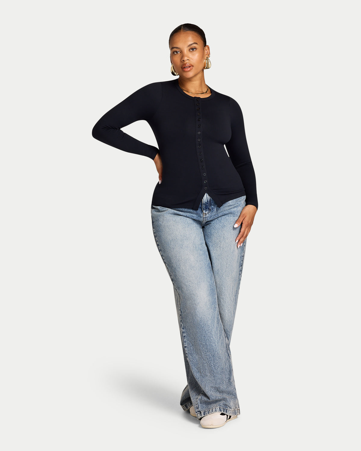 Womens Essential Long Sleeve Button Top