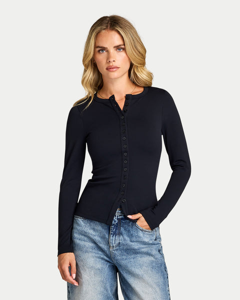 Womens Essential Long Sleeve Button Top