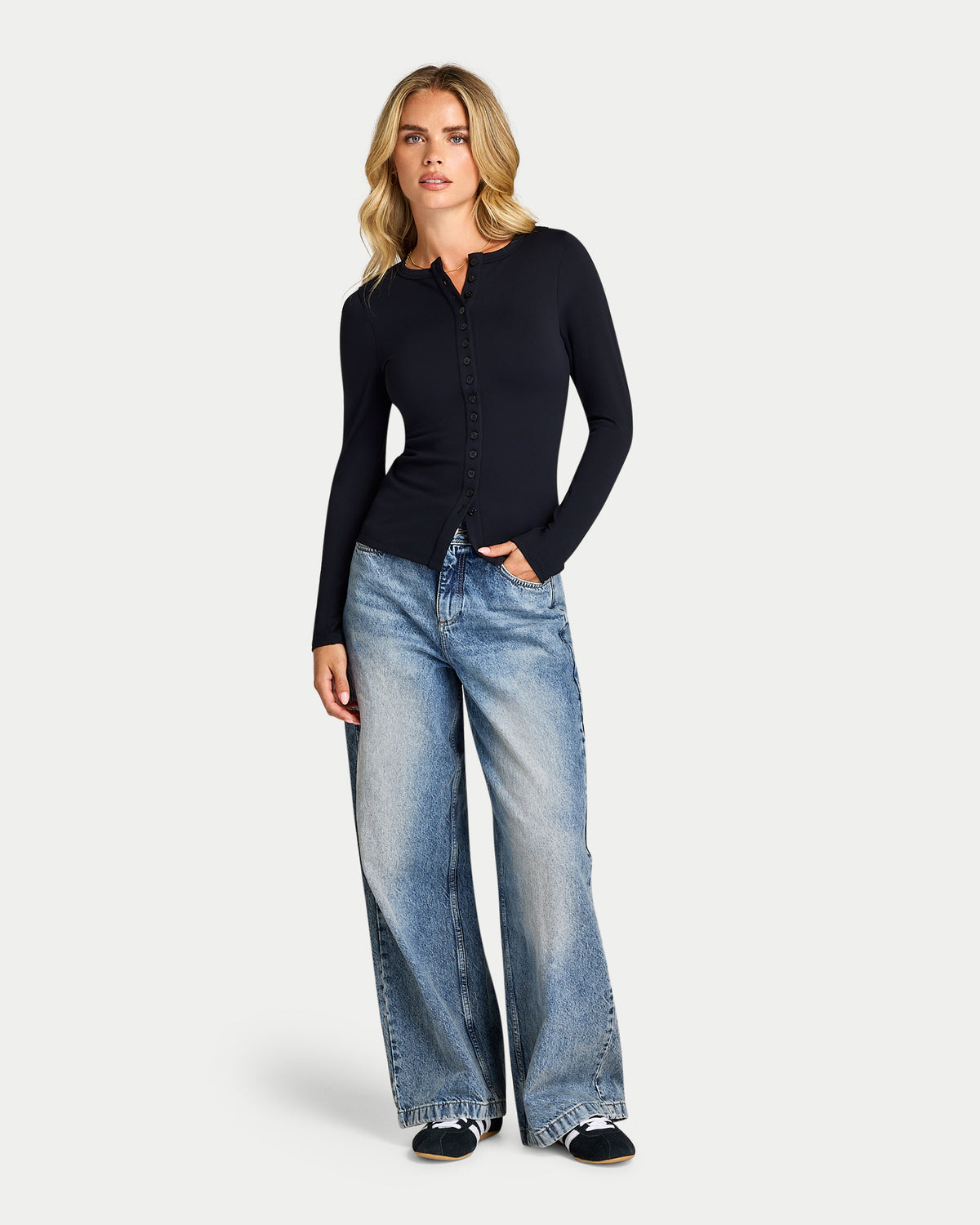 Womens Essential Long Sleeve Button Top