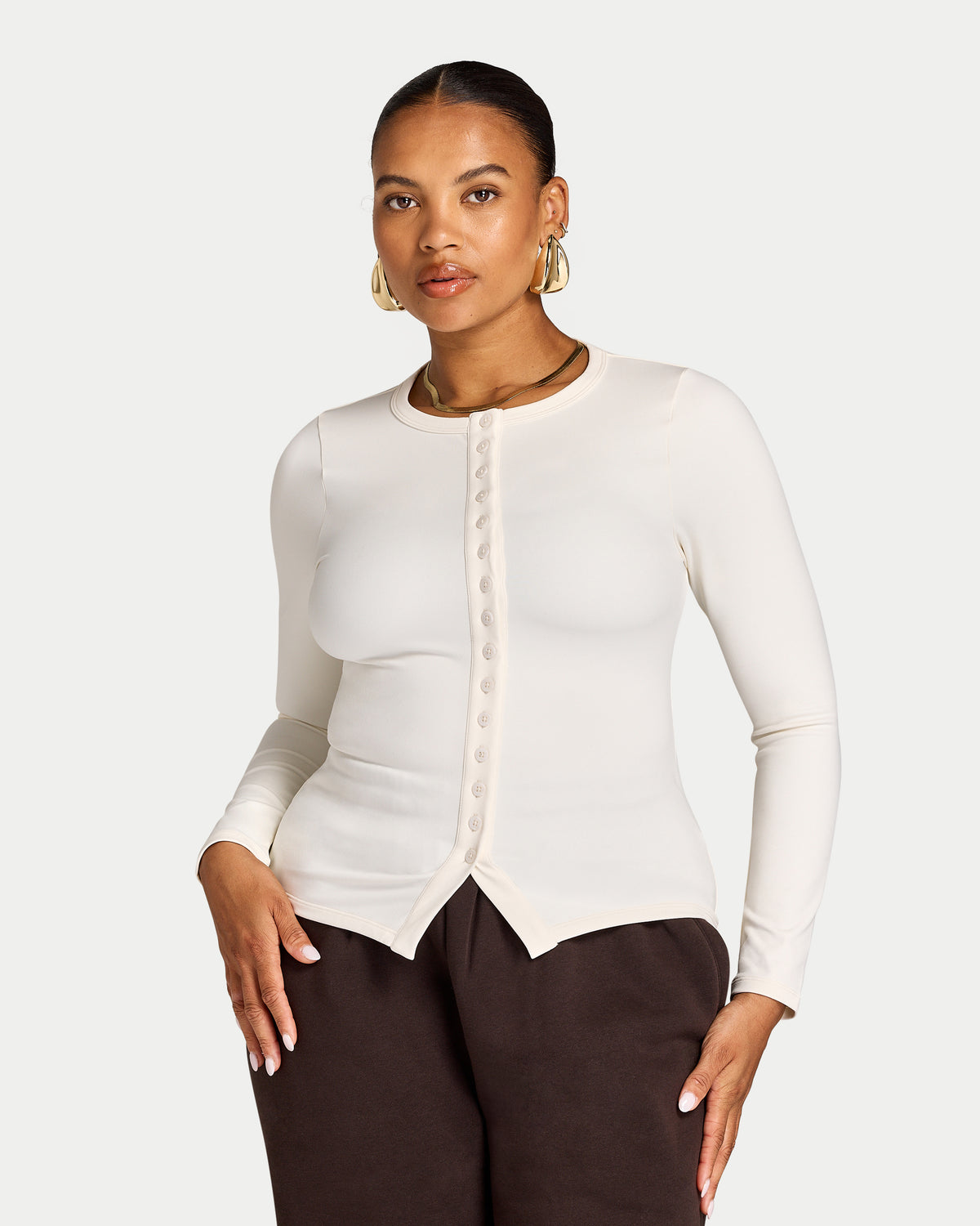 Womens Essential Long Sleeve Button Top