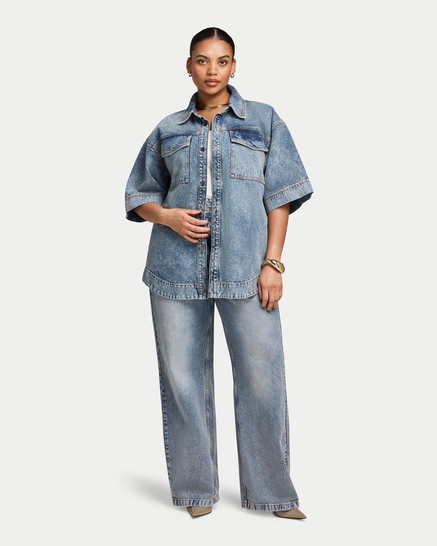 Womens Denim Short Sleeve Shirt