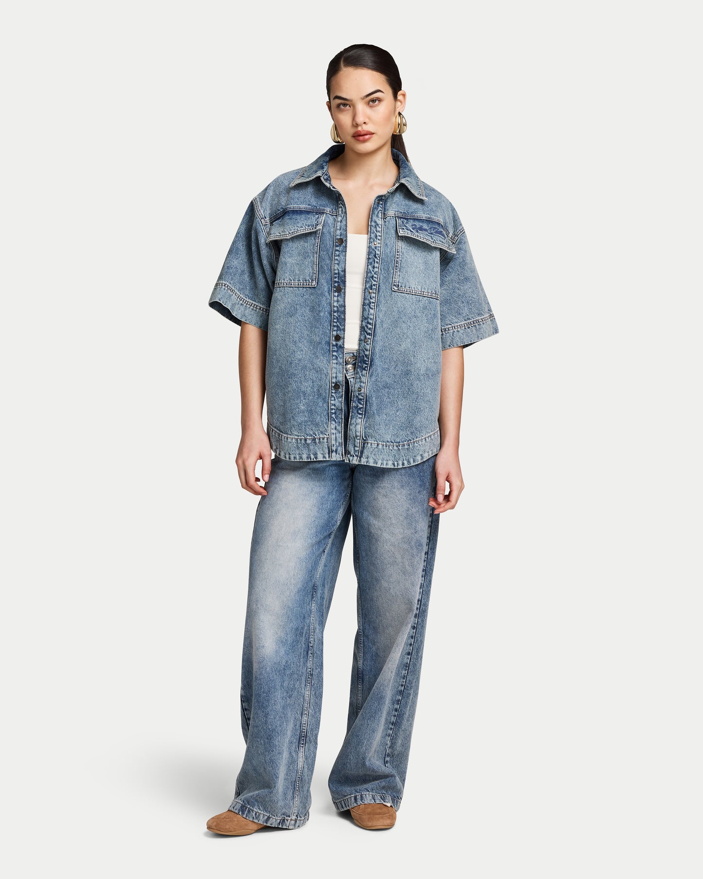 Womens Denim Short Sleeve Shirt