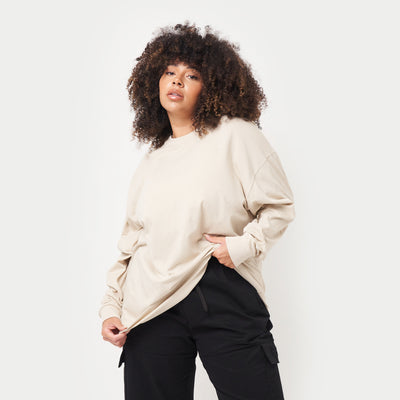 REWEAR Womens Icon Long Sleeve Oversized T-Shirt - Oatmeal
