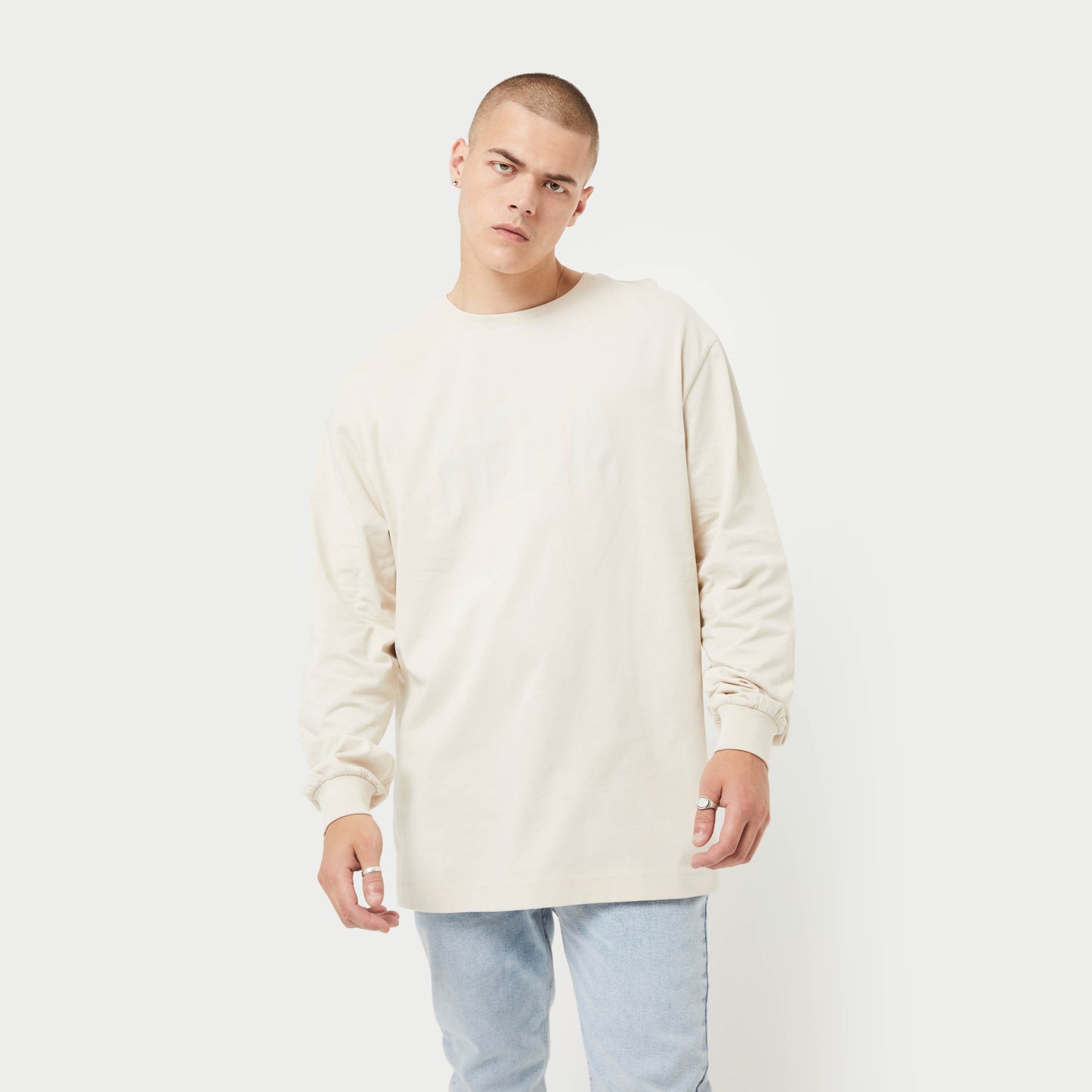 Mens Label Long Sleeve Oversized T-Shirt - Oatmeal